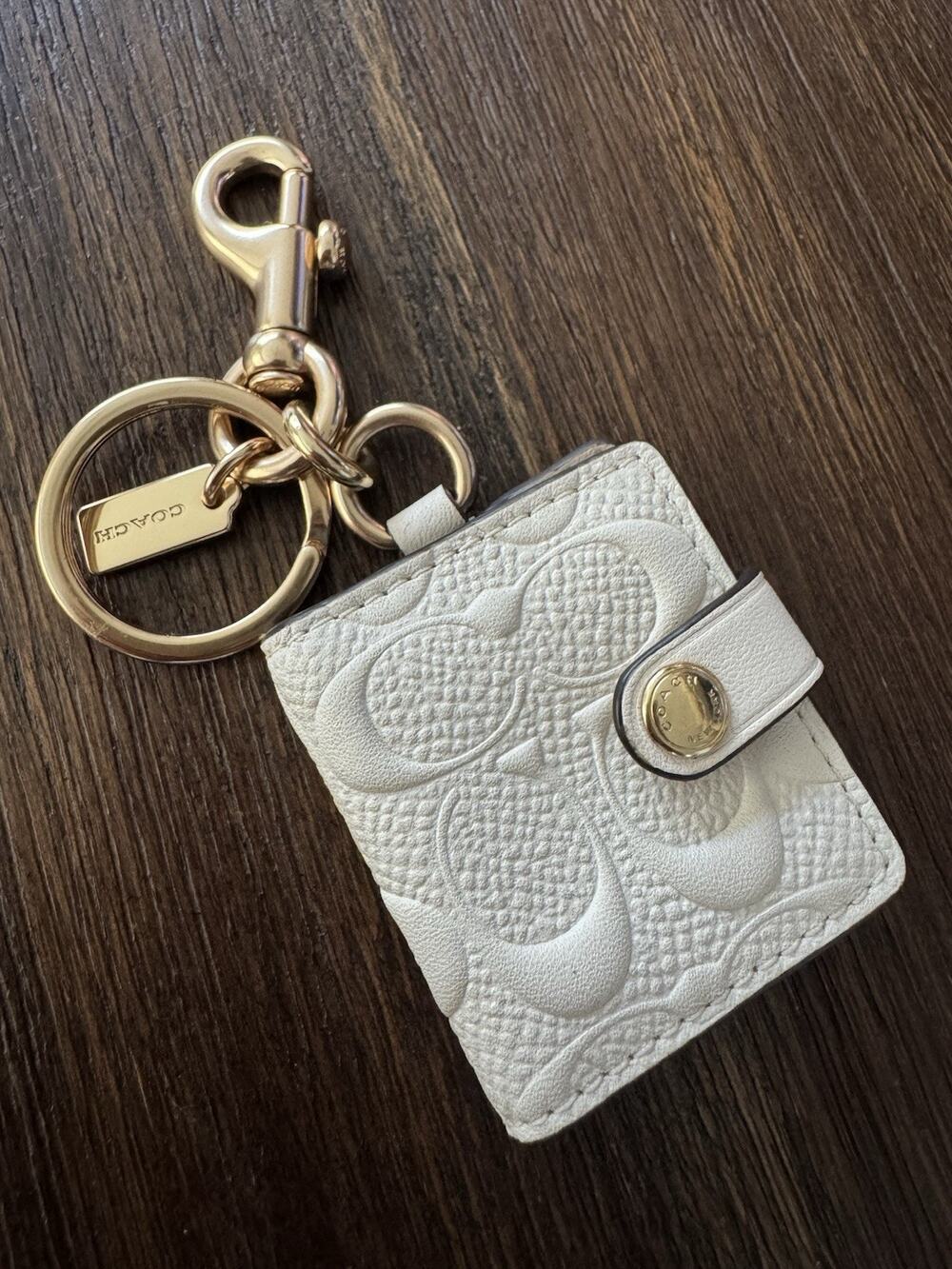 Coach Keychain Bag Charm Key Fob Photo Album Book Ivory Leather Signature Chalk